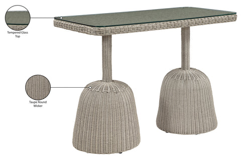 Giselle 60" Taupe Tempered Glass Top And Wicker Outdoor Patio Bar Height Table, 1 Piece
