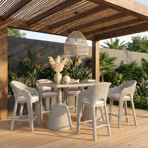 Giselle 60" Taupe Tempered Glass Top And Wicker Outdoor Patio Bar Height Table, 1 Piece