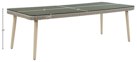 Giselle 96" Taupe Tempered Glass Top And Wicker Outdoor Patio Dining Table, 1 Piece