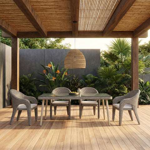 Giselle 96" Taupe Tempered Glass Top And Wicker Outdoor Patio Dining Table, 1 Piece