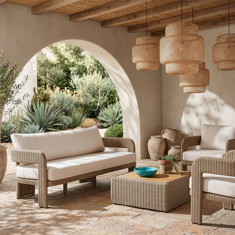 Kira 83.5" Beige Olefin Water Resistant Fabric And Wicker Outdoor Patio Sofa, 1 Piece