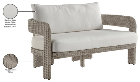 Kira 61.5" Cream Olefin Water Resistant Fabric And Wicker Outdoor Patio Loveseat, 1 Piece