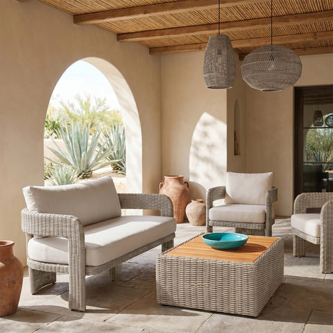 Kira 61.5" Cream Olefin Water Resistant Fabric And Wicker Outdoor Patio Loveseat, 1 Piece