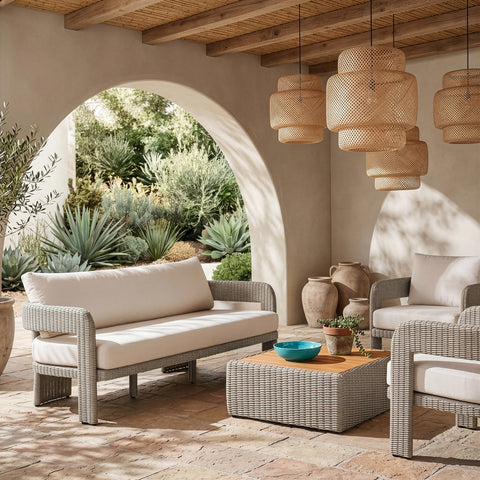 Kira 83.5" Cream Olefin Water Resistant Fabric And Wicker Outdoor Patio Sofa, 1 Piece