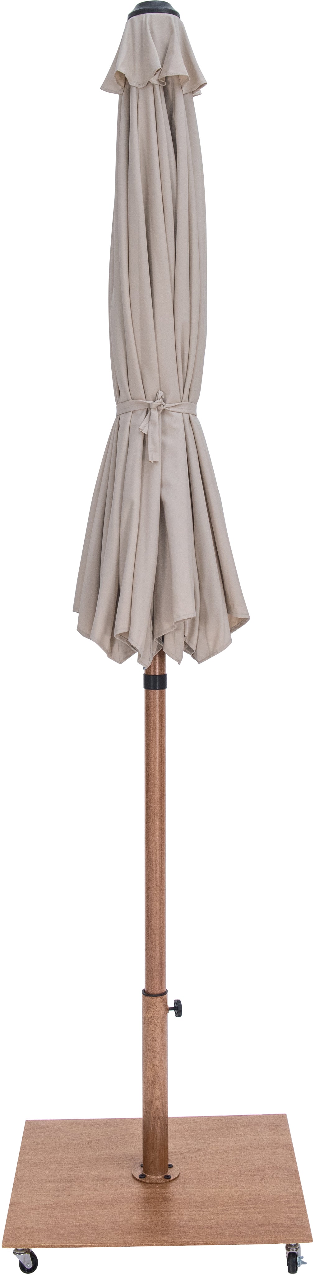 farrah beige fabric / teak aluminum patio umbrella with base sets