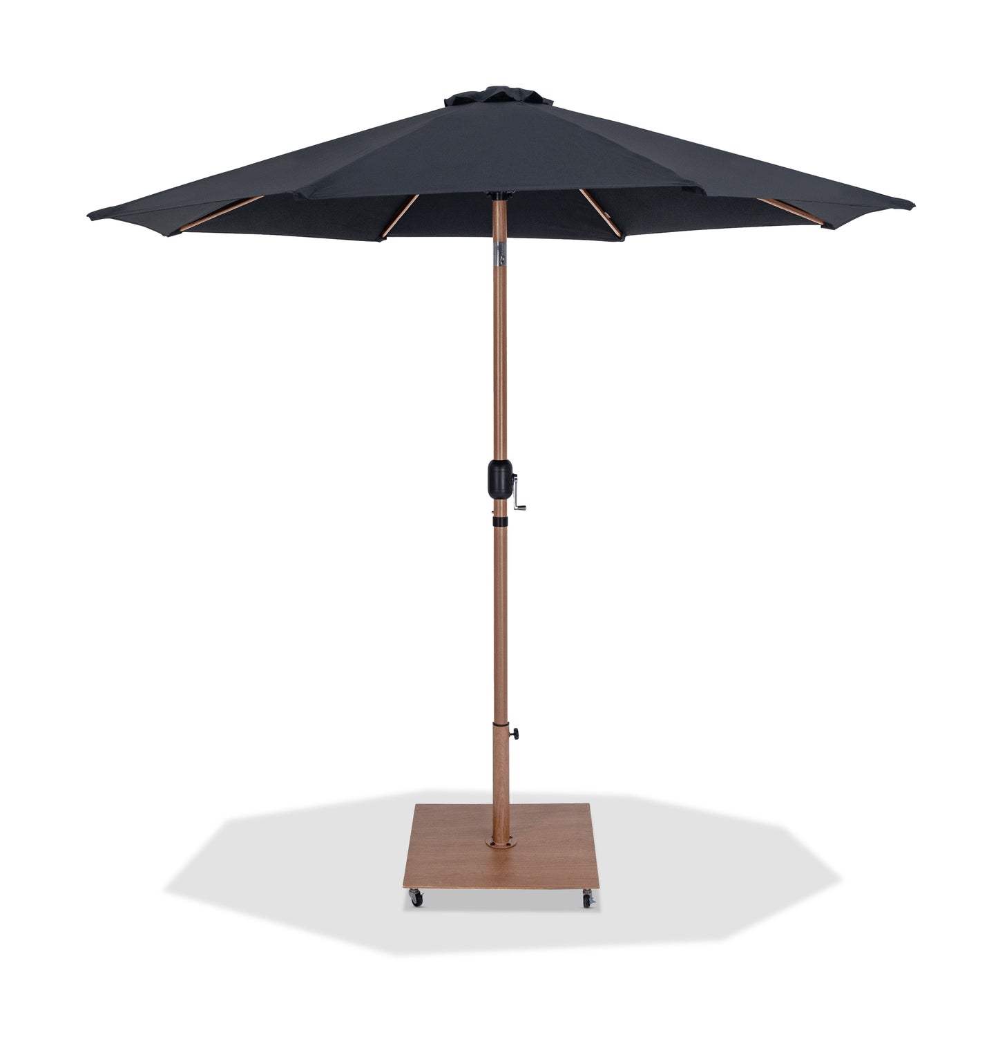 farrah black fabric / teak aluminum patio umbrella with base sets