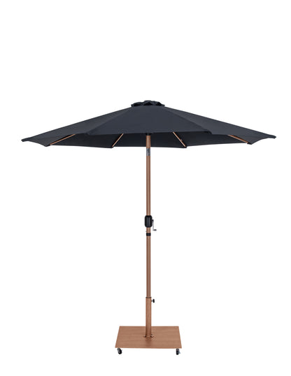 Farrah Black Fabric / Teak Aluminum Patio Umbrella with Base Sets