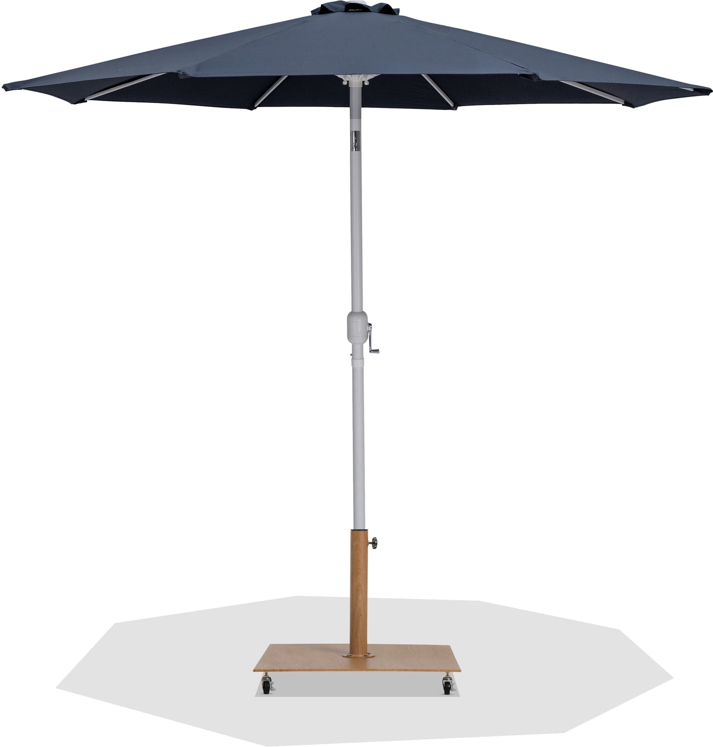 farrah grey fabric / teak aluminum patio umbrella with base sets