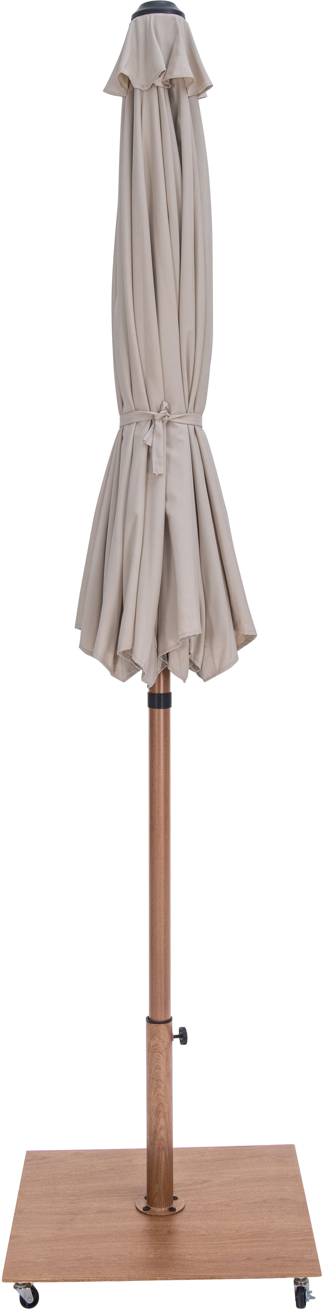 simba beige fabric with cream piping / teak aluminum patio umbrella with base sets