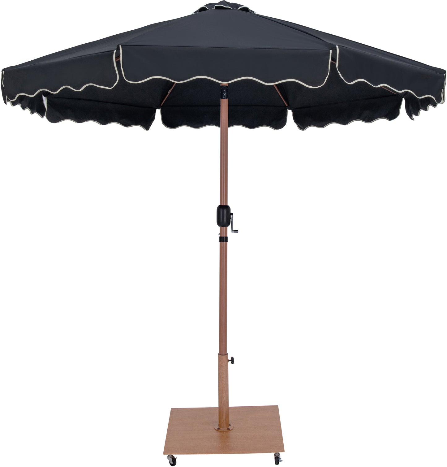 simba black fabric with cream piping / teak aluminum patio umbrella with base sets