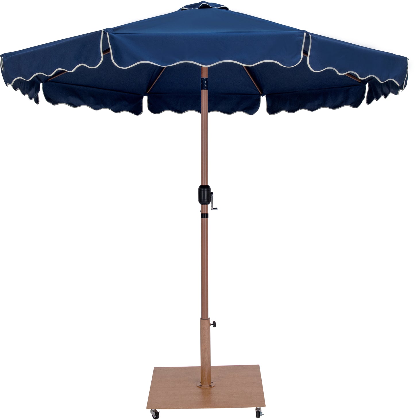 simba navy fabric with cream piping / teak aluminum patio umbrella with base sets