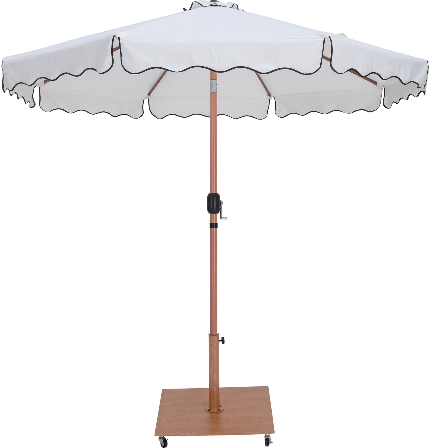 simba white fabric with black piping / teak aluminum patio umbrella with base sets