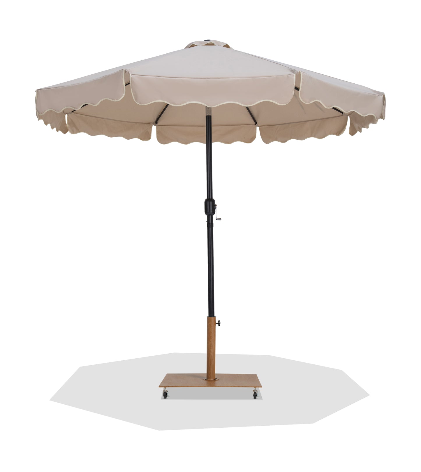 simba beige fabric with cream piping / teak aluminum patio umbrella with base sets