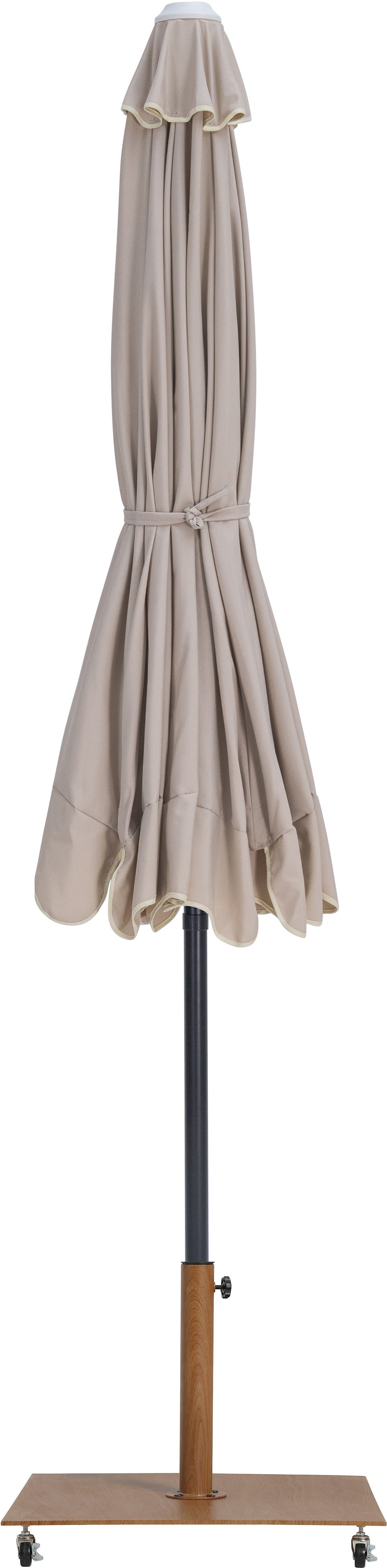 simba beige fabric with cream piping / teak aluminum patio umbrella with base sets