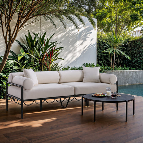 Veda 85.75" Cream Resilient Water Repellent Fabric Upholstered Outdoor Patio Sofa, 1 Piece
