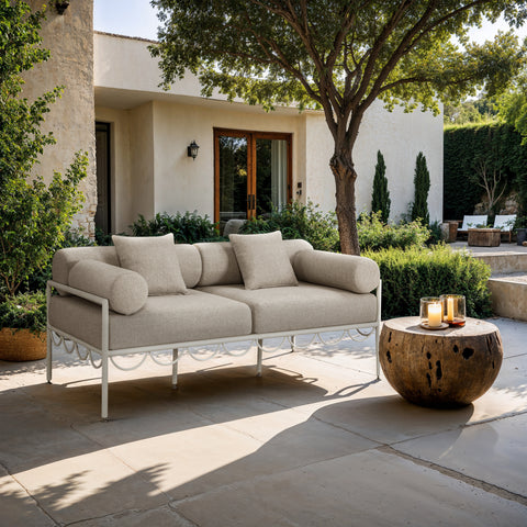 Veda 69.75" Beige Resilient Water Repellent Fabric Upholstered Outdoor Patio Loveseat, 1 Piece