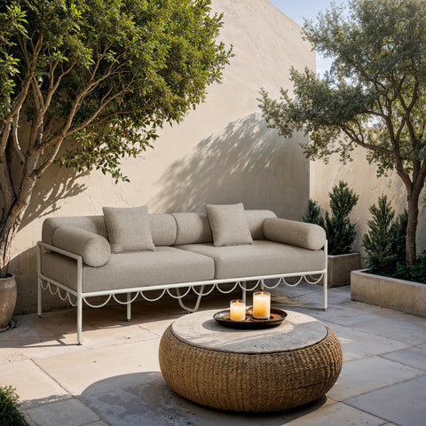 Veda 85.75" Beige Resilient Water Repellent Fabric Upholstered Outdoor Patio Sofa, 1 Piece