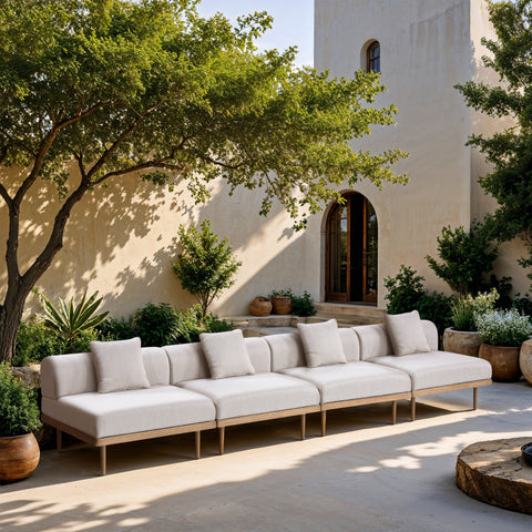 Mira 142" Beige Resilient Water Resistant Fabric Upholstered Outdoor Patio Sofa, 4-Piece