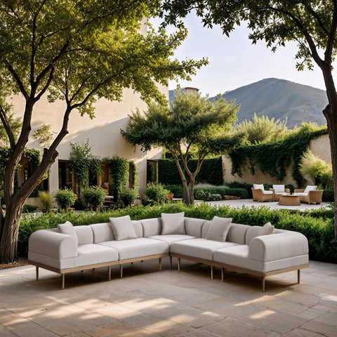 Mira 106.5" Beige Resilient Water Resistant Fabric Upholstered Outdoor Patio Sectional, 5-Piece (Style 2)