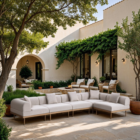 Mira 142" Beige Resilient Water Resistant Fabric Upholstered Outdoor Patio Sectional, 5-Piece (Style 2)