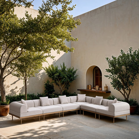 Mira 142" Beige Resilient Water Resistant Fabric Upholstered Outdoor Patio Sectional, 6-Piece