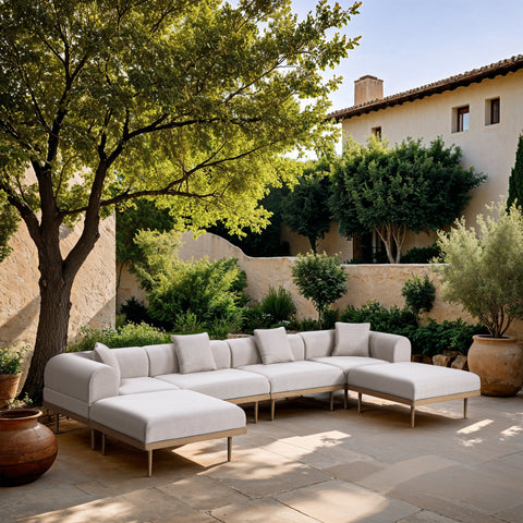 Mira 142" Beige Resilient Water Resistant Fabric Upholstered Outdoor Patio Sectional, 6-Piece (Style 2)