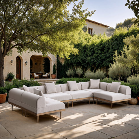 Mira 142" Beige Resilient Water Resistant Fabric Upholstered Outdoor Patio Sectional, 6-Piece (Style 3)