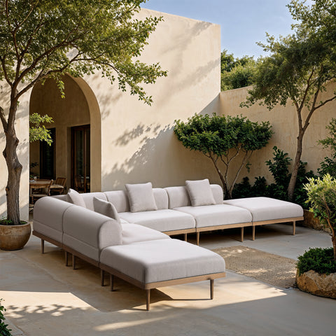 Mira 142" Beige Resilient Water Resistant Fabric Upholstered Outdoor Patio Sectional, 6-Piece (Style 4)