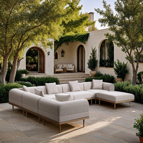 Mira 142" Beige Resilient Water Resistant Fabric Upholstered Outdoor Patio Sectional, 7-Piece