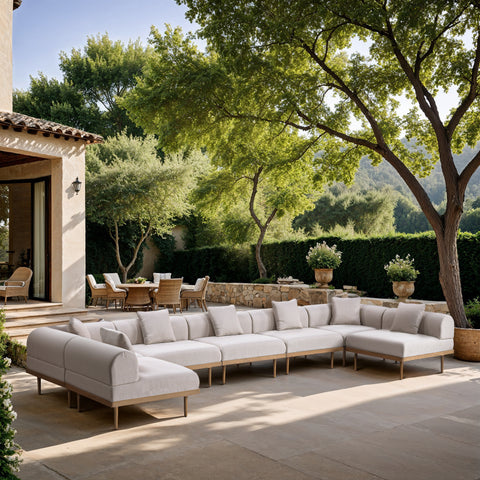 Mira 177.5" Beige Resilient Water Resistant Fabric Upholstered Outdoor Patio Sectional, 7-Piece