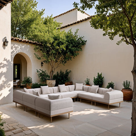 Mira 142" Beige Resilient Water Resistant Fabric Upholstered Outdoor Patio Sectional, 8-Piece