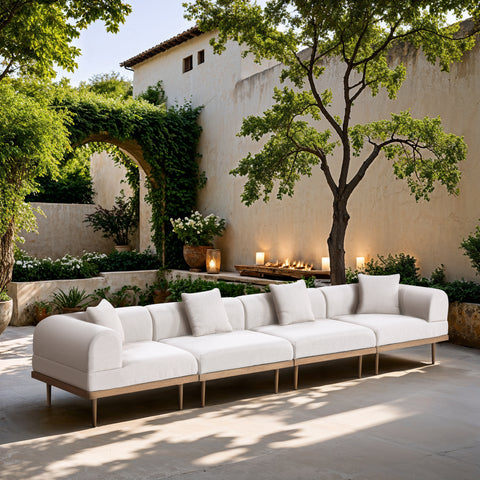 Mira 142" Cream Resilient Water Resistant Fabric Upholstered Outdoor Patio Sofa, 4-Piece (Style 2)