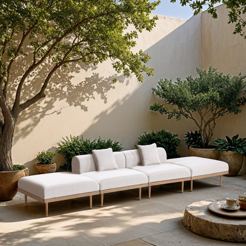 Mira 142" Cream Resilient Water Resistant Fabric Upholstered Outdoor Patio Sofa, 4-Piece (Style 3)