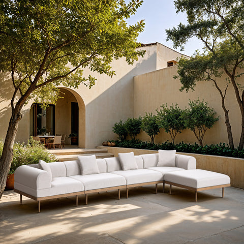 Mira 142" Cream Resilient Water Resistant Fabric Upholstered Outdoor Patio Sectional, 5-Piece