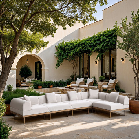 Mira 142" Cream Resilient Water Resistant Fabric Upholstered Outdoor Patio Sectional, 5-Piece (Style 2)