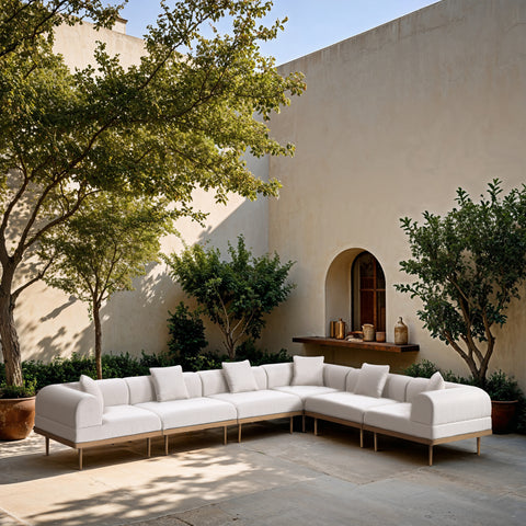 Mira 142" Cream Resilient Water Resistant Fabric Upholstered Outdoor Patio Sectional, 6-Piece