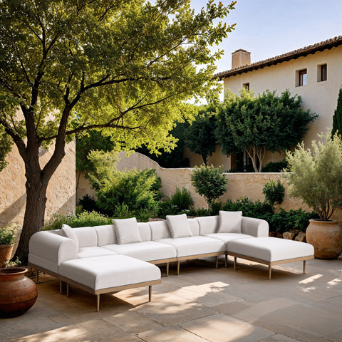 Mira 142" Cream Resilient Water Resistant Fabric Upholstered Outdoor Patio Sectional, 6-Piece (Style 2)