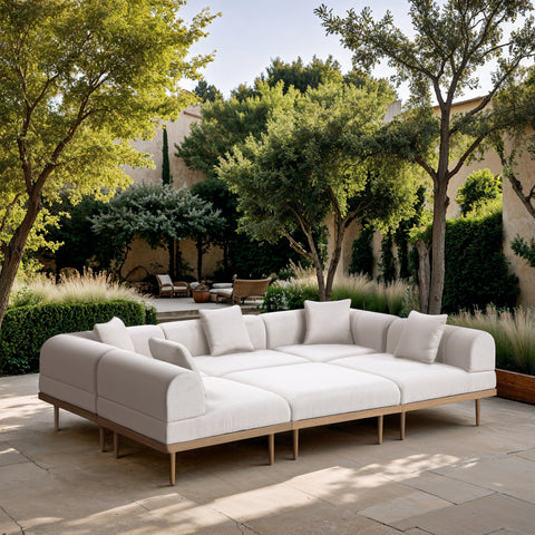 Mira 106.5" Cream Resilient Water Resistant Fabric Upholstered Outdoor Patio Sectional, 6-Piece