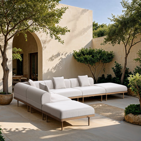 Mira 142" Cream Resilient Water Resistant Fabric Upholstered Outdoor Patio Sectional, 6-Piece (Style 4)