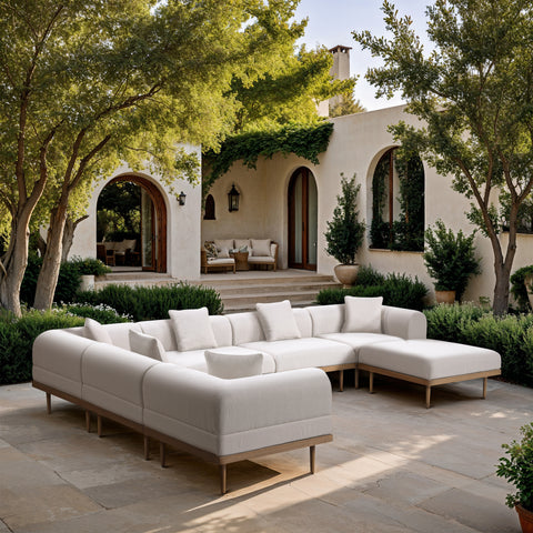 Mira 142" Cream Resilient Water Resistant Fabric Upholstered Outdoor Patio Sectional, 7-Piece