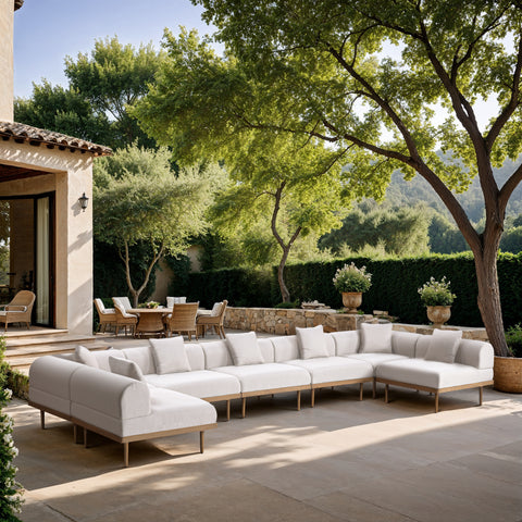 Mira 177.5" Cream Resilient Water Resistant Fabric Upholstered Outdoor Patio Sectional, 7-Piece