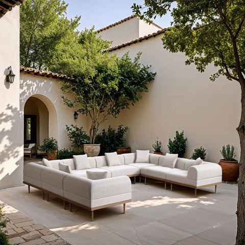 Mira 142" Cream Resilient Water Resistant Fabric Upholstered Outdoor Patio Sectional, 8-Piece