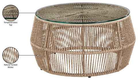 Hadley Natural | Natural Tempered Glass Top And Wicker Outdoor Patio Coffee Table, 1 Piece