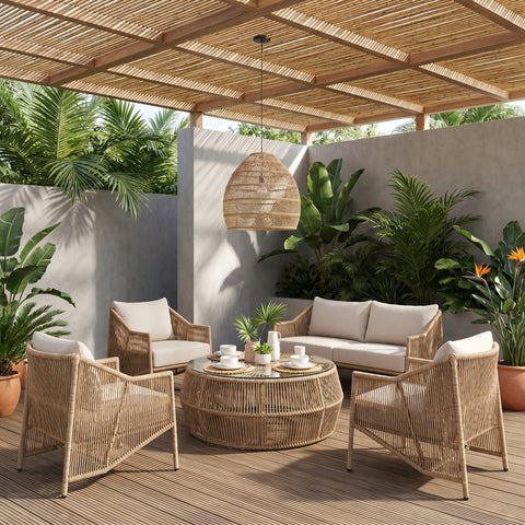 Hadley Natural | Natural Tempered Glass Top And Wicker Outdoor Patio Coffee Table, 1 Piece