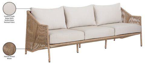 Hadley 89" Beige Olefin Water Resistant Fabric And Wicker Outdoor Patio Sofa, 1 Piece