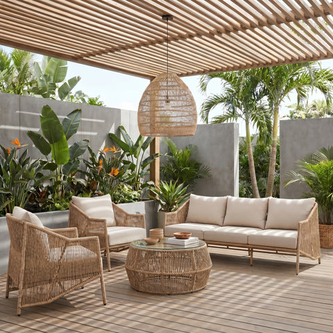 Hadley 89" Beige Olefin Water Resistant Fabric And Wicker Outdoor Patio Sofa, 1 Piece