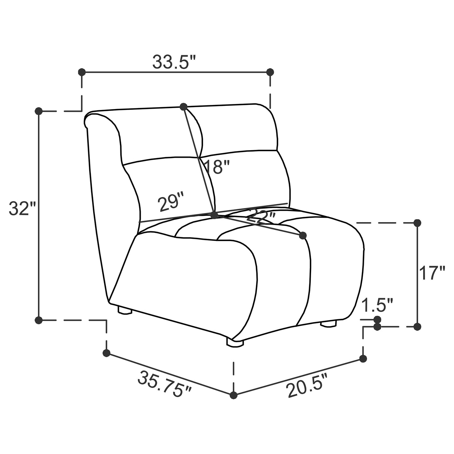 7.5" upholstered curved armless chair ivory