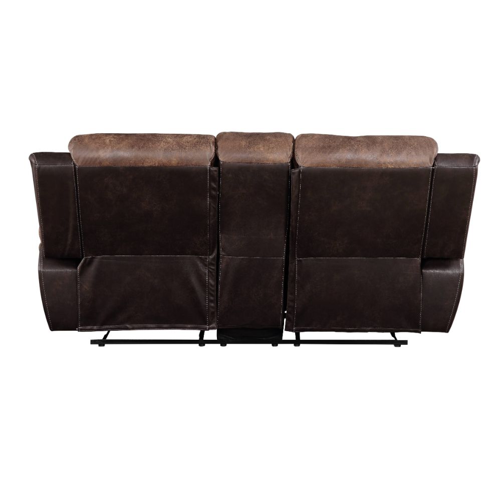 decmus motion loveseat w/console, toffee & espresso polished microfiber