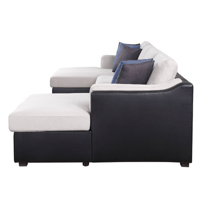 Disho Sectional Sofa W/Sleeper & 6 Pillows, Beige Fabric & Black Synthetic Leather