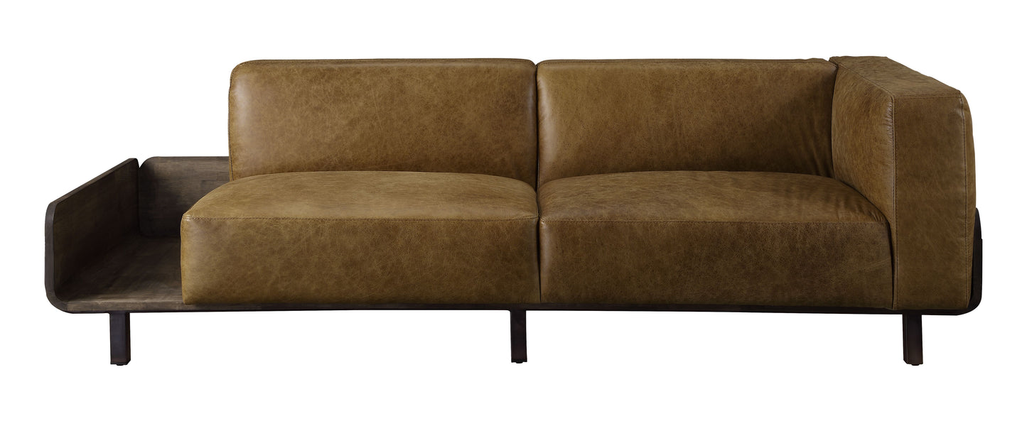 diya sofa, chestnut top grain leather & rustic oak finish